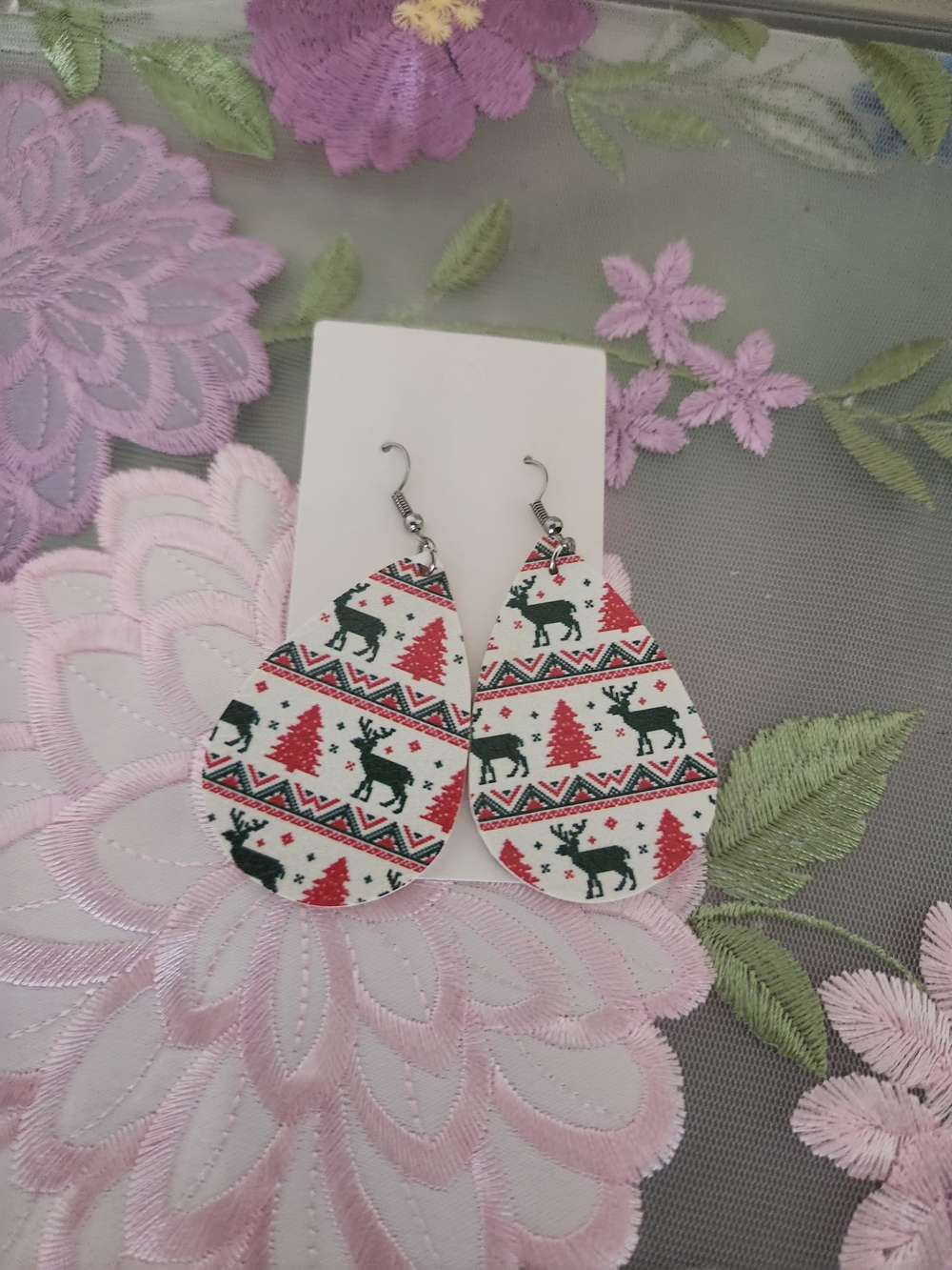 Festive Teardrop Reindeer Earrings - White and Red